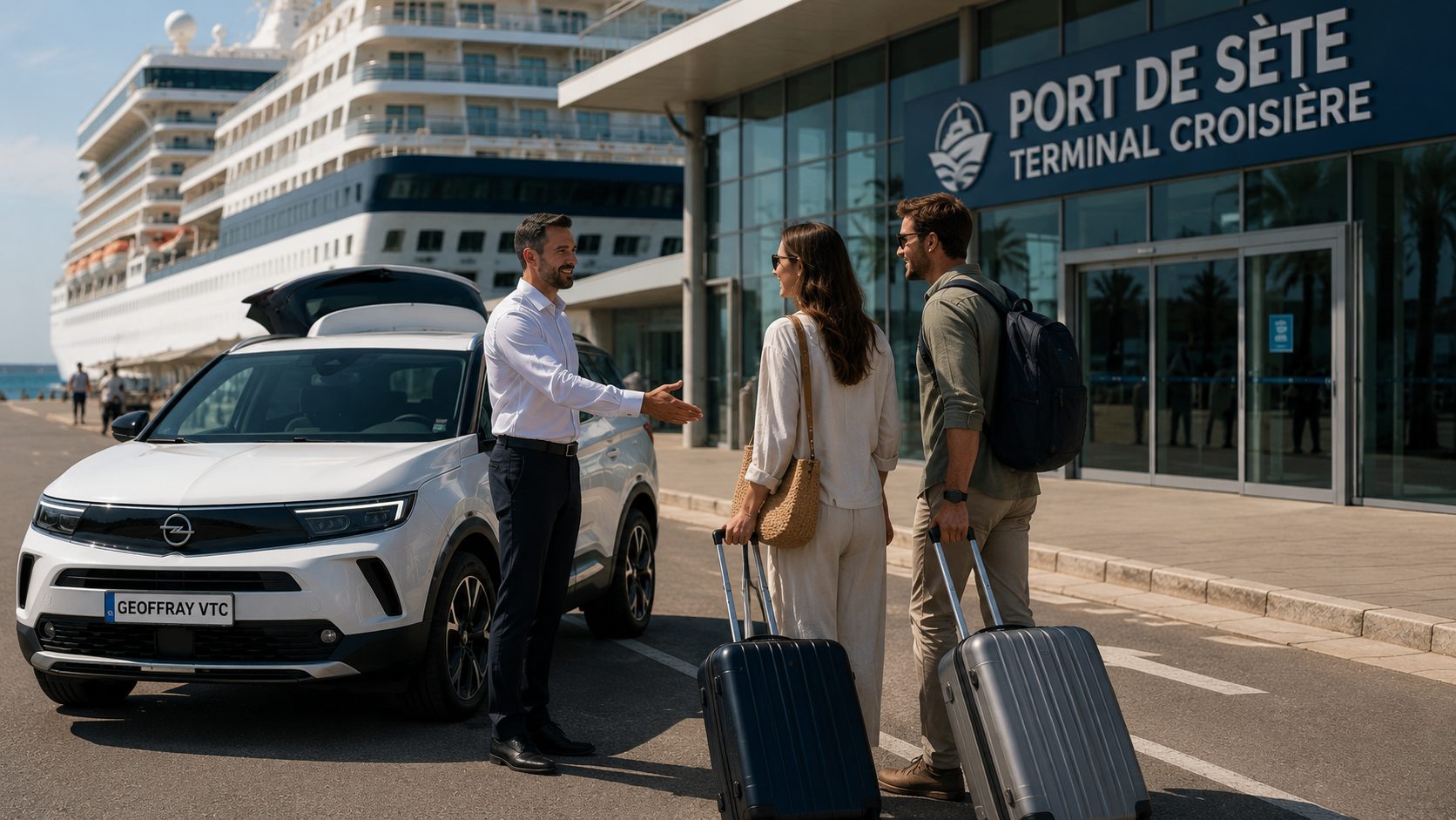 Chauffeur privé Geoffray VTC accueillant des voyageurs avec leurs valises devant le terminal de croisière du port de Sète