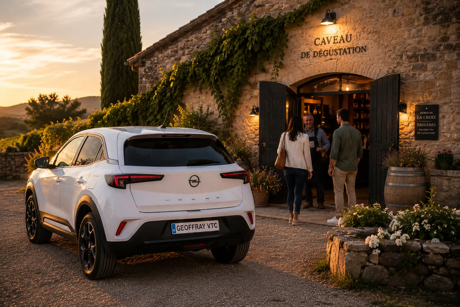 Opel Mokka blanche Geoffray VTC devant des vignes lors d'un circuit œnotouristique dans l'Hérault et l'Aude