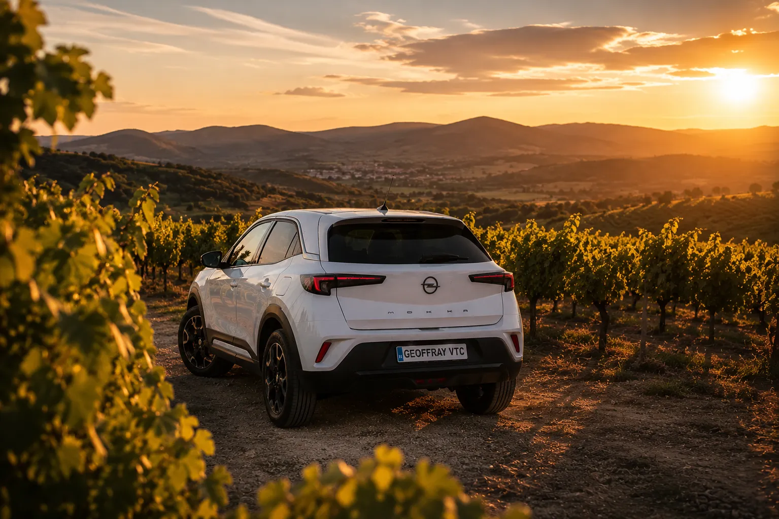 Opel Mokka blanche Geoffray VTC devant un domaine viticole lors d'un circuit œnotouristique dans l'Hérault