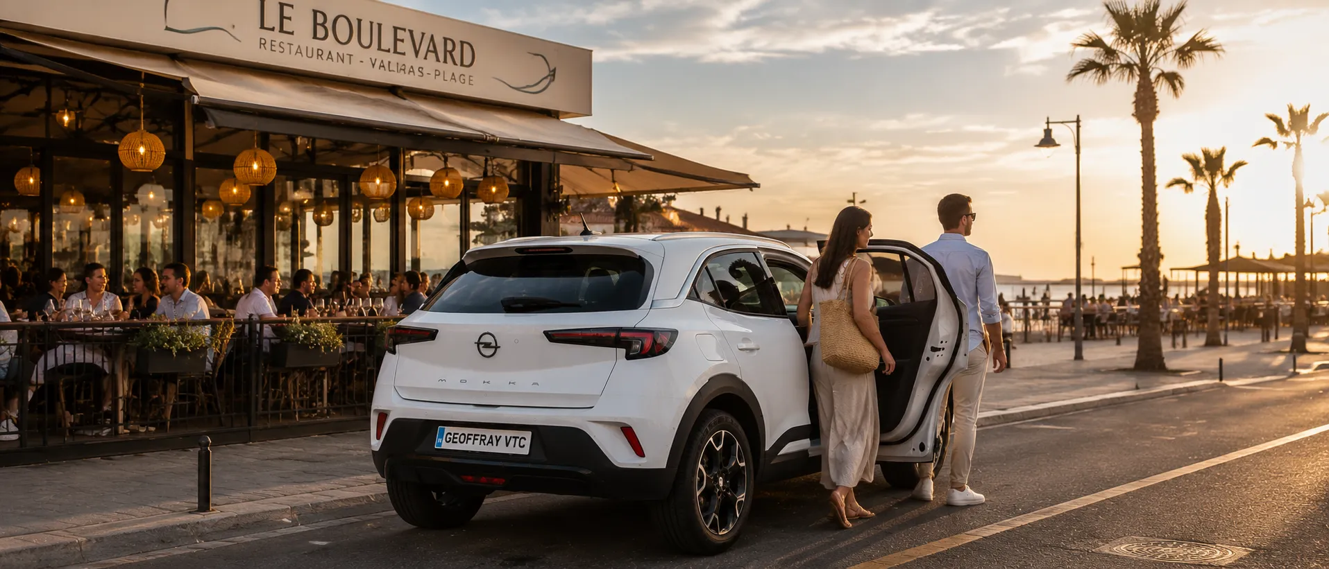 Clients pris en charge par Geoffray VTC devant un restaurant à Valras-Plage pour un déplacement privé