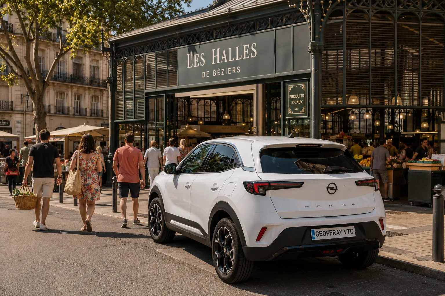 Opel Mokka Geoffray VTC devant les Halles de Béziers pour des déplacements privés au départ de Valras-Plage