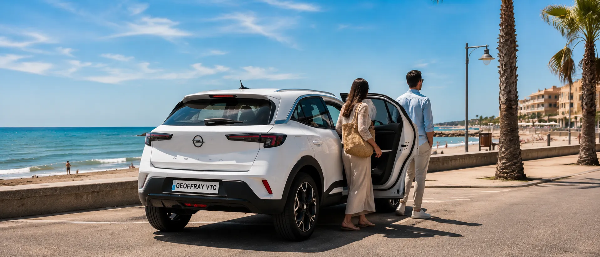 Chauffeur privé Geoffray VTC avec son Opel Mokka électrique blanche lors d'une prestation de mise à disposition au départ de Valras-Plage.