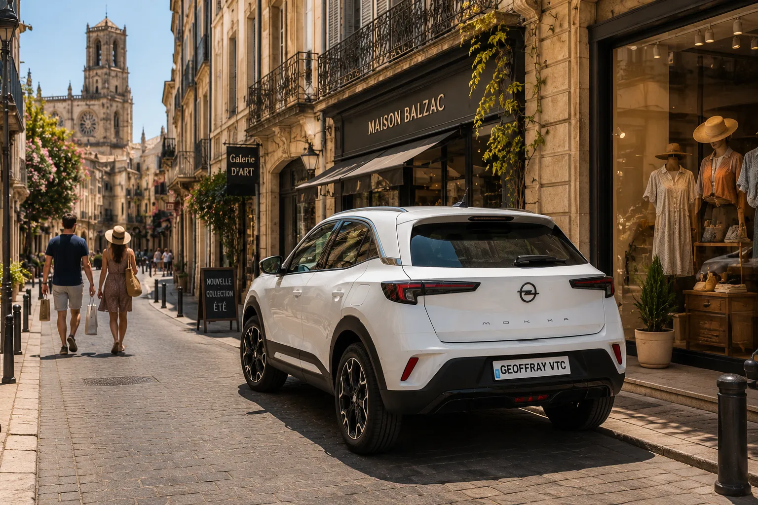Chauffeur VTC Geoffray VTC à disposition devant son Opel Mokka électrique blanche pour une prestation de plusieurs heures au départ de Valras-Plage
