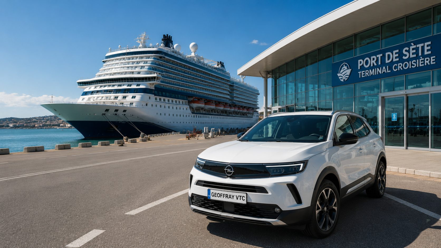 Opel Mokka de Geoffray VTC stationnée devant le terminal de croisière du port de Sète avec un paquebot en arrière-plan