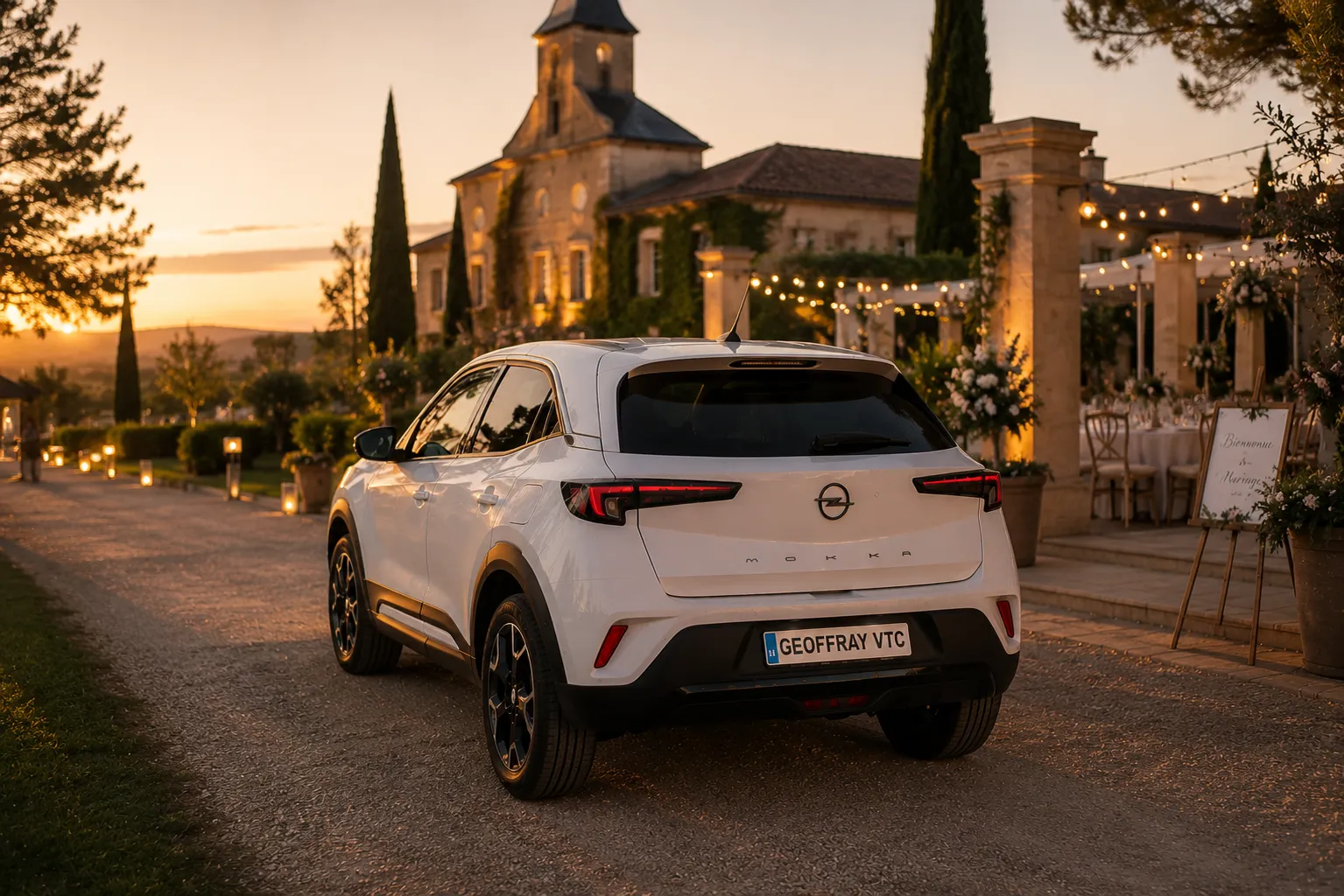 Opel Mokka de Geoffray VTC devant un lieu de réception pour assurer le transport vers un mariage, une soirée privée ou un événement dans l'Hérault.
