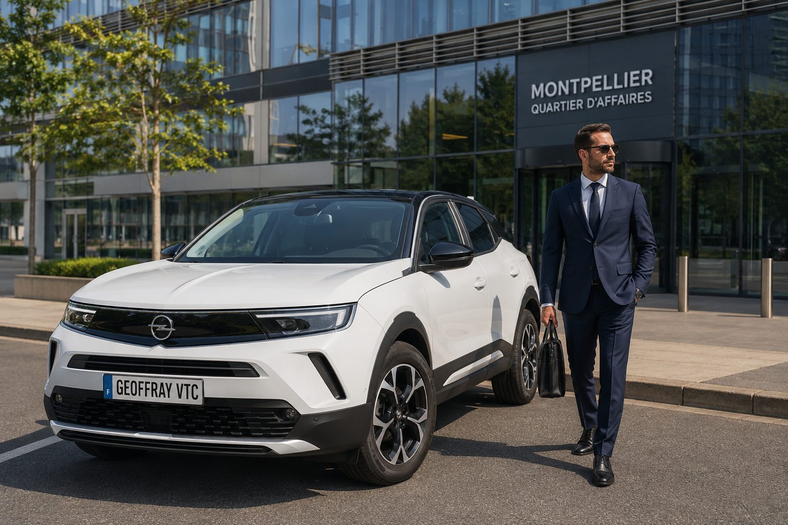 Chauffeur VTC Geoffray devant un immeuble de bureaux moderne à Montpellier avec son Opel Mokka blanche pour un déplacement professionnel.
