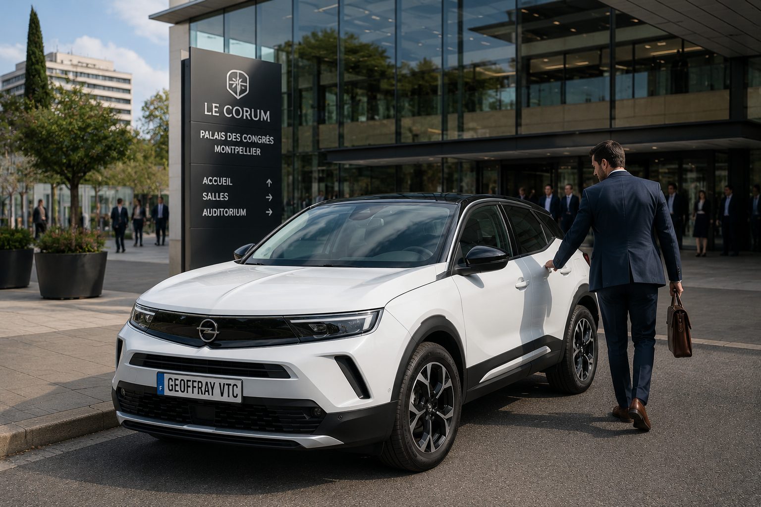 Opel Mokka blanche de Geoffray VTC devant un centre de congrès pour le transport de professionnels entre plusieurs rendez-vous.